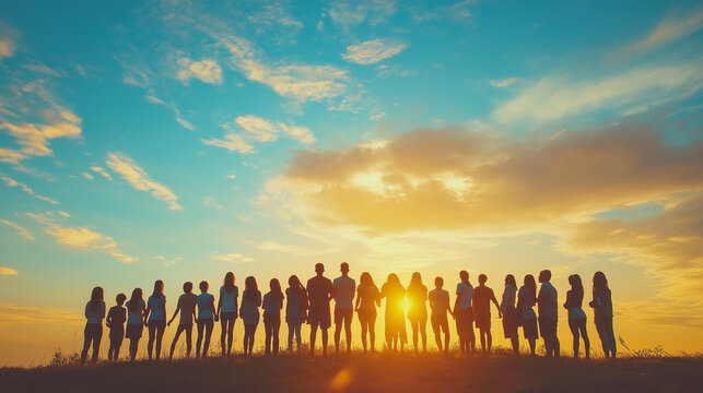 Silhouette of a diverse group of people standing together against a colorful sunset sky, representing unity and community.