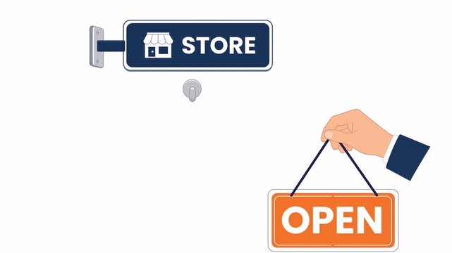 Flat 2D vector animation of a hand holding open sign with alpha channel and transparent background. Perfect for retail, storefront, business opening and motion graphics.