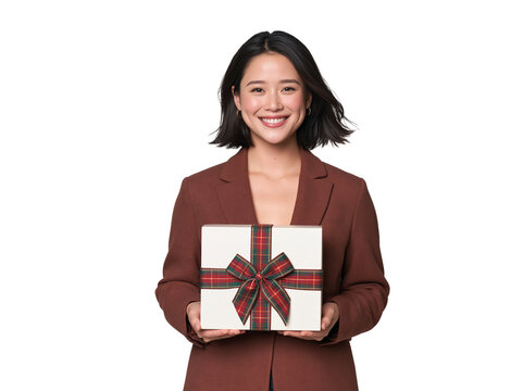 Smiling Asian woman holding a wrapped gift box with a plaid ribbon against isolated on transparent or white background, png