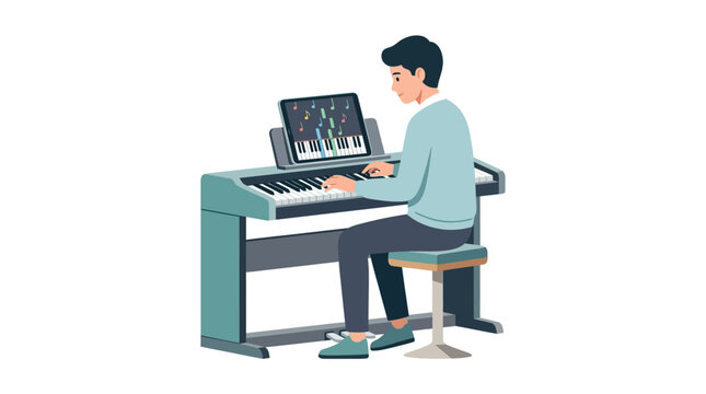 Young man practicing electronic piano keyboard with digital tablet app for online music learning flat vector illustration