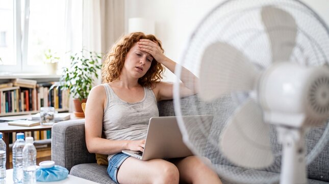 Young woman with curly hair feeling unwell and stressed while working on a laptop at home during a hot summer day with a fan and water bottles