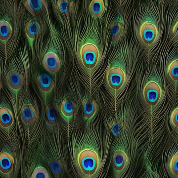 Close-up of overlapping peacock feathers with vibrant blue and green eye patterns forming a natural textured background