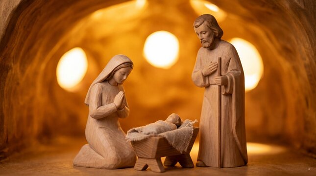 Wooden nativity scene depicting Mary, Joseph, and baby Jesus in a manger inside a carved hollow log with warm glowing background lights
