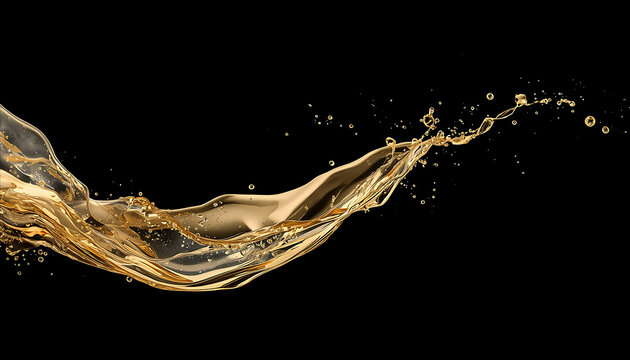 Sparkling gold champagne splash in motion. Luxurious liquid celebration with elegant bubbly droplets and festive shimmer.