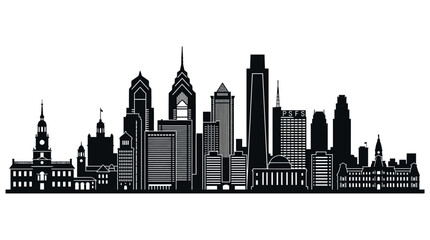 Fototapeta premium Black and white silhouette illustration of the Philadelphia, Pennsylvania city skyline featuring landmarks like Liberty Place and the Comcast Center against a white background.