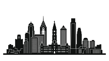 Obraz premium Minimalist Black Philadelphia Pennsylvania City Skyline Silhouette Illustration Featuring Iconic Landmarks Like City Hall, One Liberty Place, and Comcast Center on a Plain White Background.