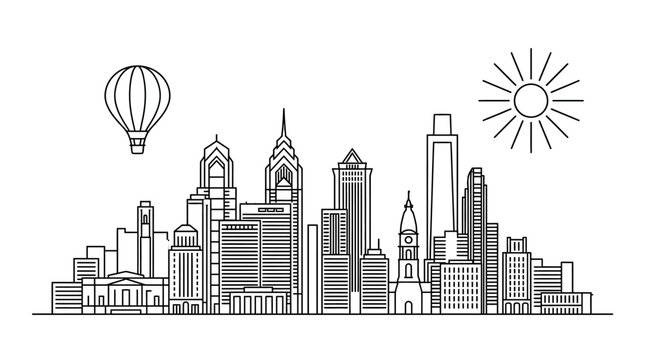 Philadelphia Pennsylvania city skyline minimalist vector line art illustration featuring Liberty Place City Hall and Comcast Center with hot air balloon and sun on white background.