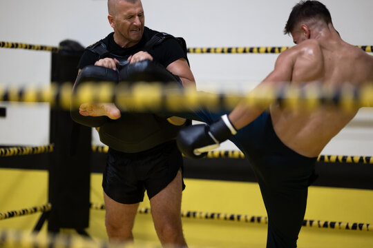 Kickboxing Trainer Holding Pads While Boxer Executes Powerful Roundhouse Kick During Ring Training Session