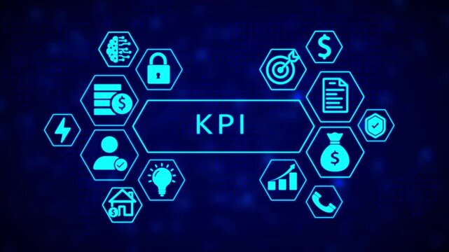 A glowing neon blue hexagonal infographic key performance indicators with for brain, lock, target, dollar, document, shield, money bag, growth chart, phone, house, lightbulb, person, and lightning