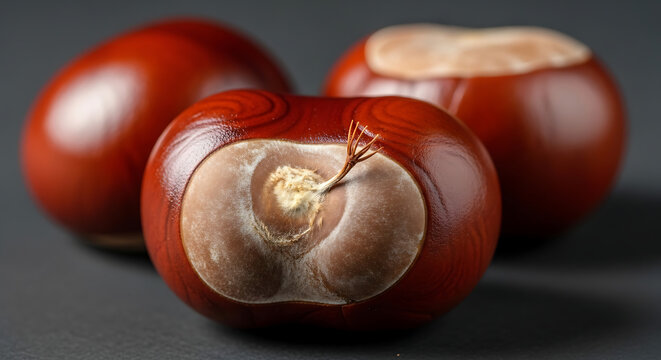 Three brown horse chestnuts on dark background with chestnut
