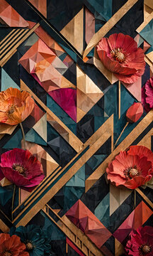 Luxurious art deco geometric wall installation with 3D paper poppy flowers in red coral magenta orange teal, gold metallic stripes, abstract mosaic & elegant modern floral luxury wallpaper background