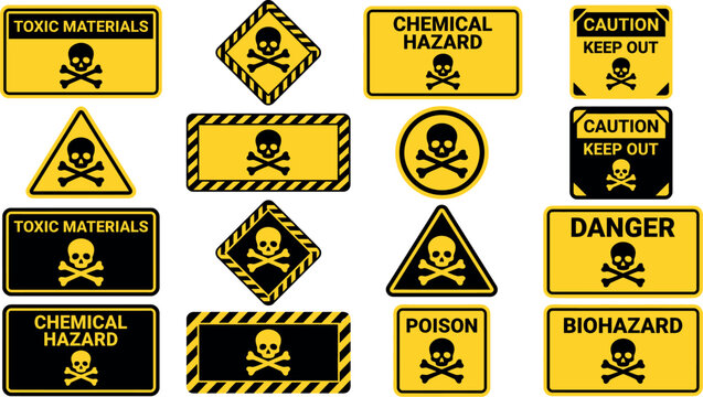 Industrial warning signs collection with 16 toxic materials and chemical hazard icons, yellow and black danger labels with skull and crossbones, biohazard and poison safety vector set.