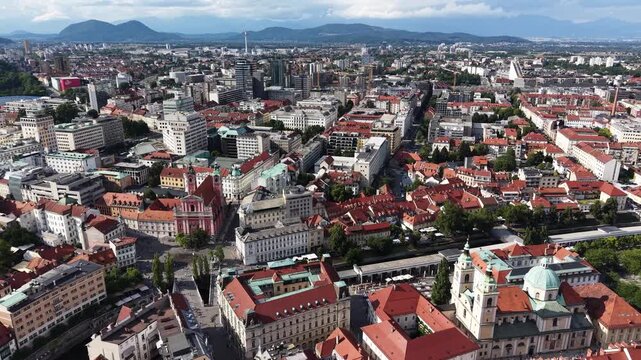 Wide aerial panorama of old town cityscape in Ljubljana city, Slovenia