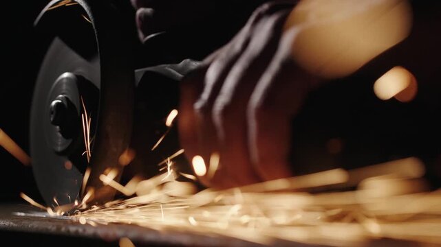 Close up slow motion of grinding metal sparks flying during metalworking with angle grinder.