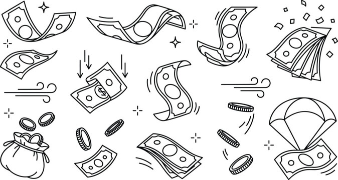 Falling and Flying Money Vector Icon Set with Floating Cash Banknotes, Coins, and Money Bag for Financial and Business Concepts