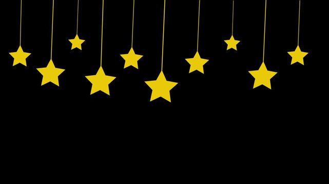 Hanging stars animation swinging on black background. Star hanging from a thin line animation. Elegant hanging ornament design. Minimal holiday decoration, festive celebration symbol