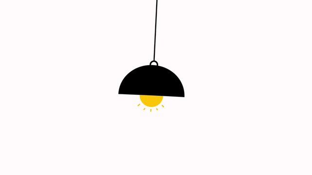 Hanging lamp animation with light effects on white background. Ceiling lamp light bulb animation. Hanging ceiling lamp turning on off animation symbolizing creativity and innovation with alpha channel