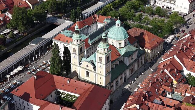 Aerial view of St Nicholas Cathedral (Ljubljanska stolnica) in Slovenia