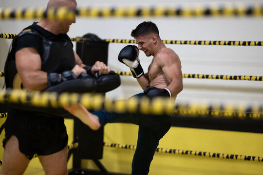 Boxer Training With Kick Pads in Ring During Intense Sparring Session With Coach Indoors