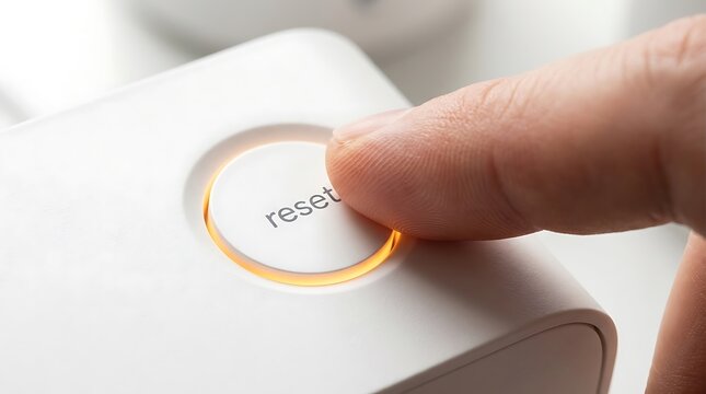 Finger pressing a circular reset button on a white electronic device with pressing, electronics