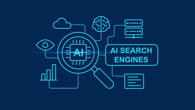 Ai search engine technology concept: digital magnifying glass analyzing data, neural networks, and machine learning algorithms