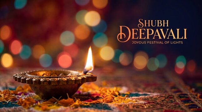 Shubh Deepavali celebration with a lit diya oil lamp on a decorative surface with colorful bokeh lights and flower petals in the background