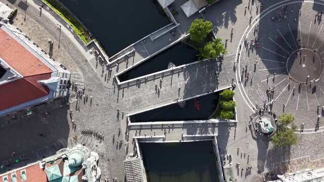 Top down view of Triple Bridge (Tromostovje) in Ljubljana city, Slovenia