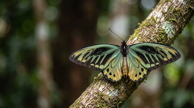 Top View of a Green Birdwing Butterfly Perched on a Mossy Branch
