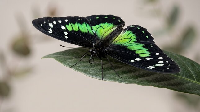 Green and Black Butterfly Resting on a Leaf, Detailed View