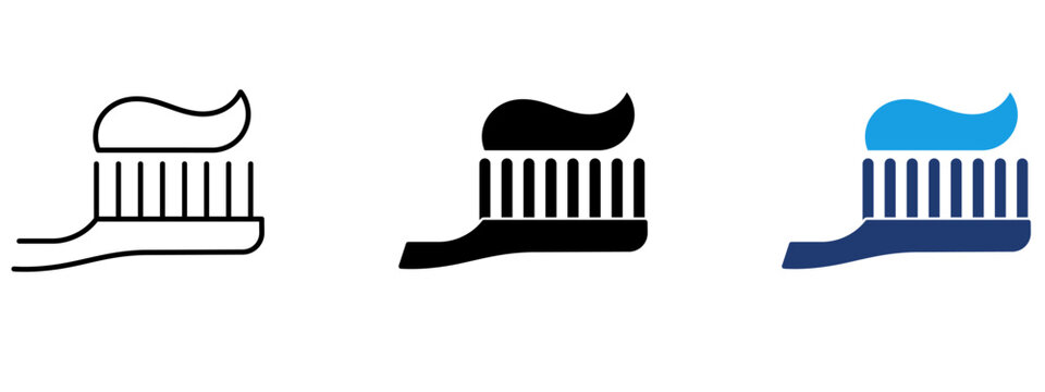 Toothbrush icon with toothpaste paste in outline, solid glyph, and colored duotone style. Symbol of dental care, oral hygiene, teeth brushing, dentistry, bathroom cleanliness, and health.
