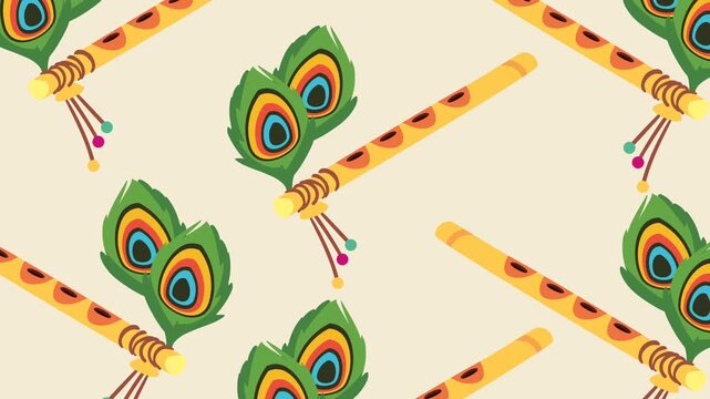 Seamless Pattern of Krishna Flute and Peacock Feather for Janmashtami Festival Background.