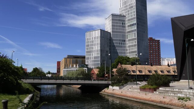 Modern skyscraper and waterfront canal view at Malmo Live in Malmo, Sweden