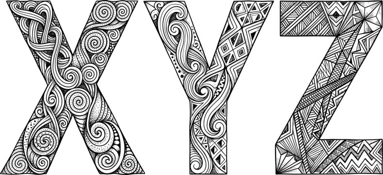 Intricate Alphabet Letter Set X Y Z Featuring Geometric Zentangle Mandala Patterns For Adult Coloring Book Typography VectorsIntricate Alphabet Letter Set X Y Z Featuring Geometric Zentangle Mandala P