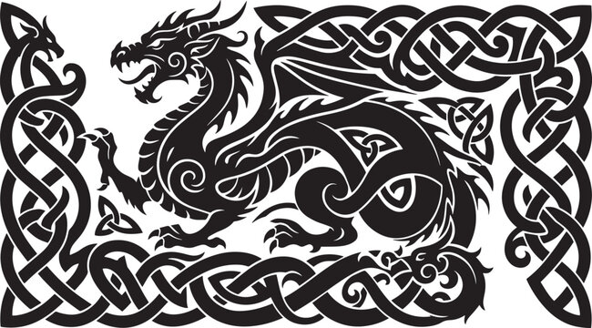 Two black celtic dragon heads facing each other in circle design