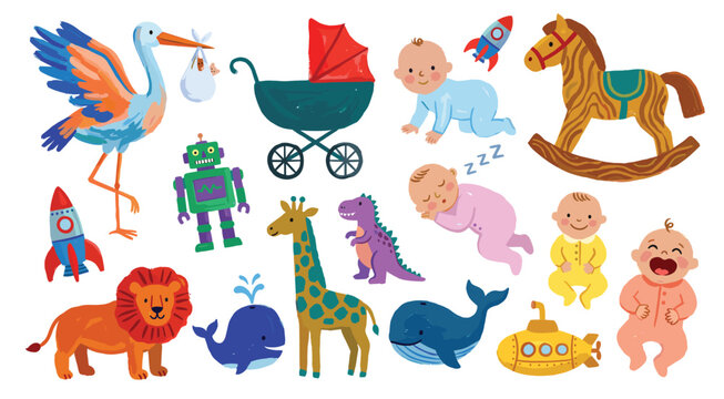 Colorful baby nursery collection featuring animals, toys, stroller, rocking horse, rockets, and sleeping infants