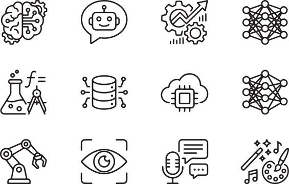 Premium Monoline Vector Icons Bundle Featuring Futuristic AI and Advanced Technology Concepts in Clean Black and White Design