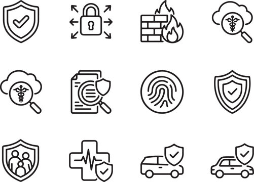 Twelve minimalist black and white icons depicting security, insurance, and data protection concepts with clean flat design style
