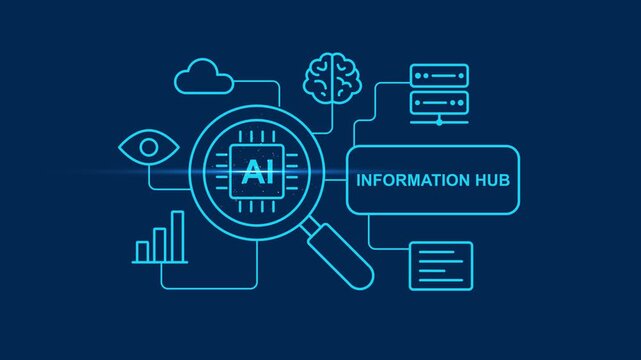 Artificial intelligence information hub concept with digital magnifying glass and data analytics machine learning