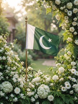 Happy Independence Day 14th August Pakistan Flag Garden, 14th August Pakistan Independence Day Floral Celebration, Happy Independence Day Pakistan Patriotic Garden Scene 