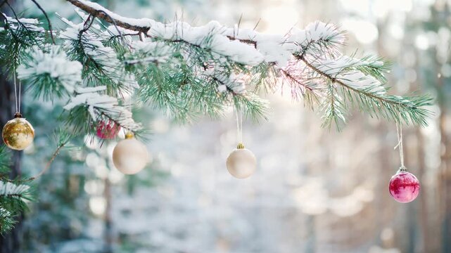 Christmas ornaments on snowy pine branch in sunlit forest gentle breeze movement.