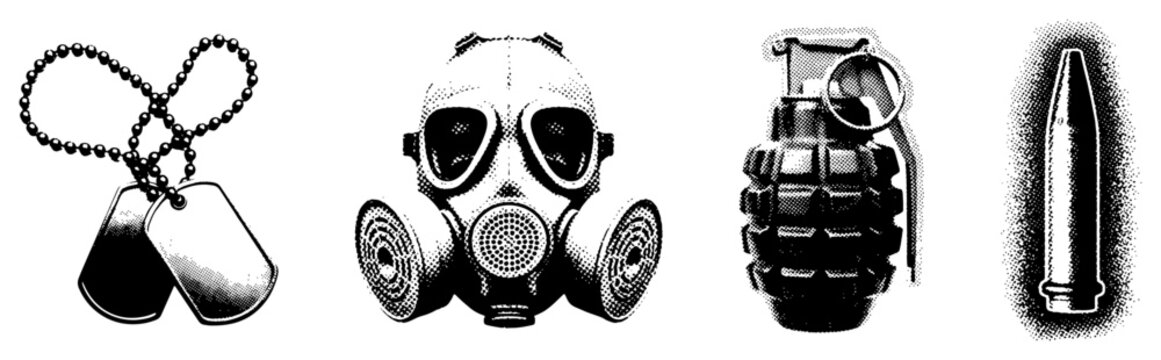 Military gear set with dog tags gas mask hand grenade and bullet in vintage halftone style