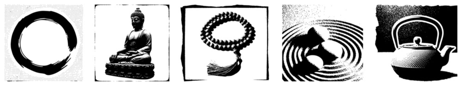 Zen Buddhism icons set with Buddha statue and meditation symbols in vintage ink style