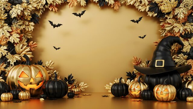 Halloween party background with pumpkins. Festive autumn holiday frame with witch hat.