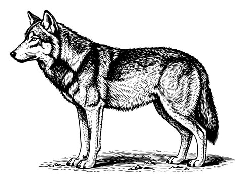 Wolf standing in side profile view hand drawn in vintage engraving style