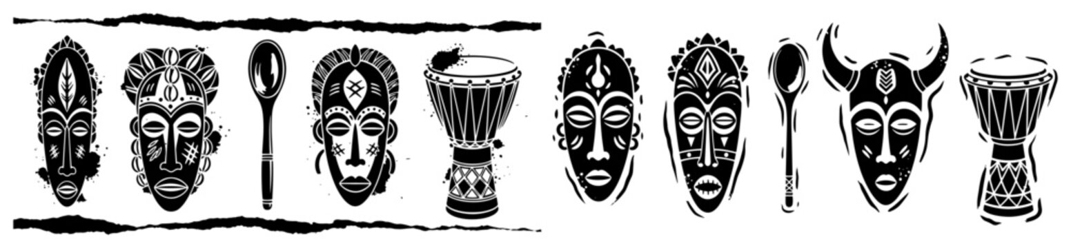 African masks and djembe drums tribal collection in ethnic woodcut style