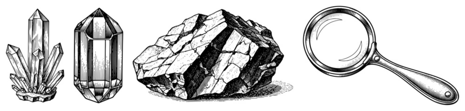 Mineral crystals and raw stone with magnifying glass hand drawn in vintage engraving style