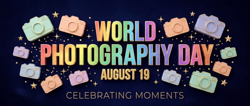 Colorful camera icons and text celebrate world photography day on august 19 with a festive theme with set against dark background emphasizing celebration creativity