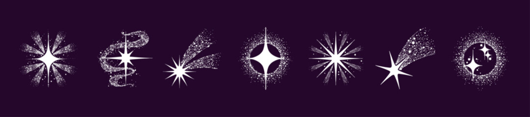 Obraz premium Magic Christmas star set, doodle dot space abstract design elements, cosmic shiny sparkle decoration. Hand drawn cute galaxy ray shape, festive starlight icon print. Holiday magic star noise sticker