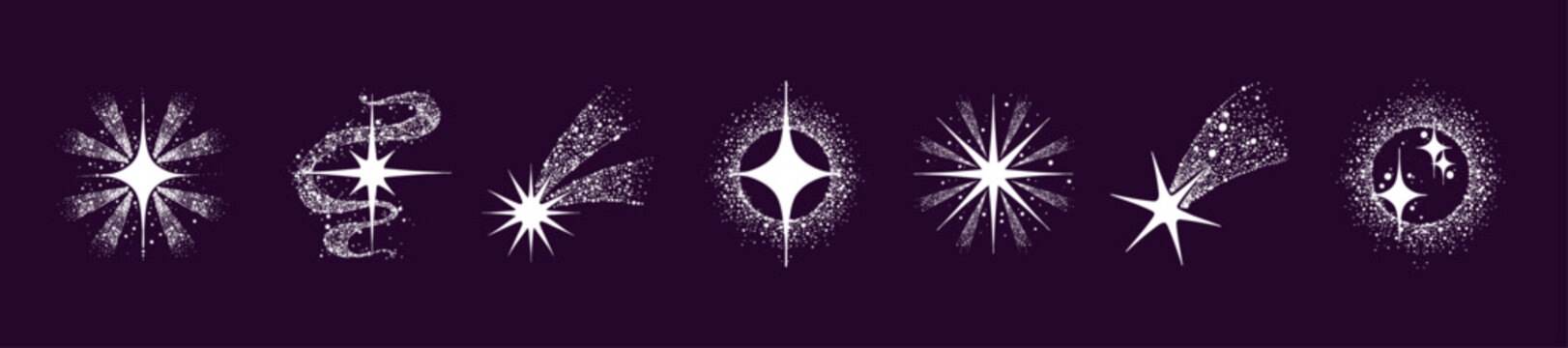 Magic Christmas star set, doodle dot space abstract design elements, cosmic shiny sparkle decoration. Hand drawn cute galaxy ray shape, festive starlight icon print. Holiday magic star noise sticker