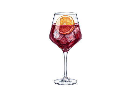 premium watercolor red sangria cocktail illustration with orange slice wheel and ice cubes in a stemmed wine glass on transparent background